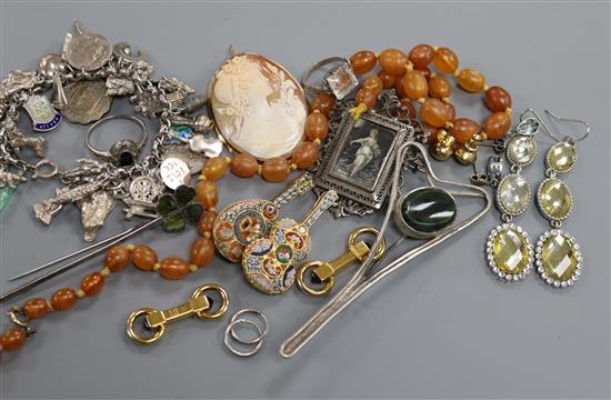 Mixed jewellery including gold mounted cameo, silver charm bracelet, two micro mosaic items and costume.